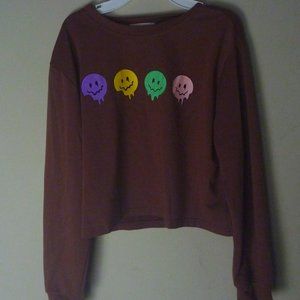 ROMWE Aesthetic Crop top Melting Happy Face Long Sleeve Brown Large